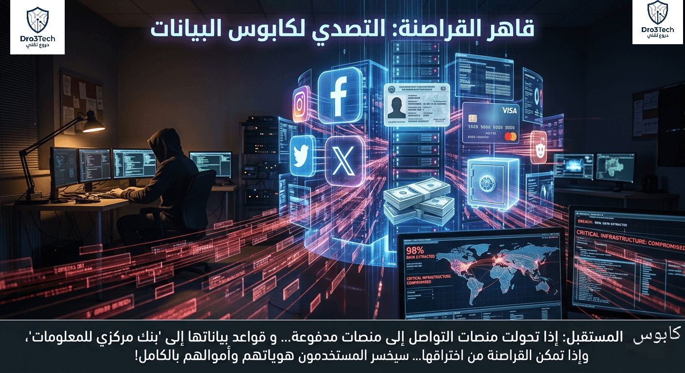 رسم توضيحي يعبر عن كابوس المستقبل السيبراني؛ حيث يظهر مخترق يستهدف قاعدة بيانات مركزية تحتوي على شعارات منصات التواصل (فيسبوك، إكس، إنستغرام) إلى جانب بطاقات بنكية وهوية شخصية مشفرة برمز مبادرة قاهر القراصنة.