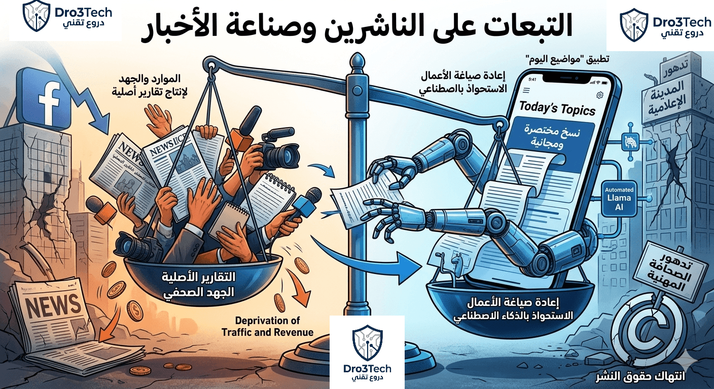 انفوجرافيك من دروع تقني يوازن بين الاستحواذ الآلي من تطبيق Today's Topics وتدهور الصحافة المهنية، مجسدًا التهديد الوجودي للناشرين.