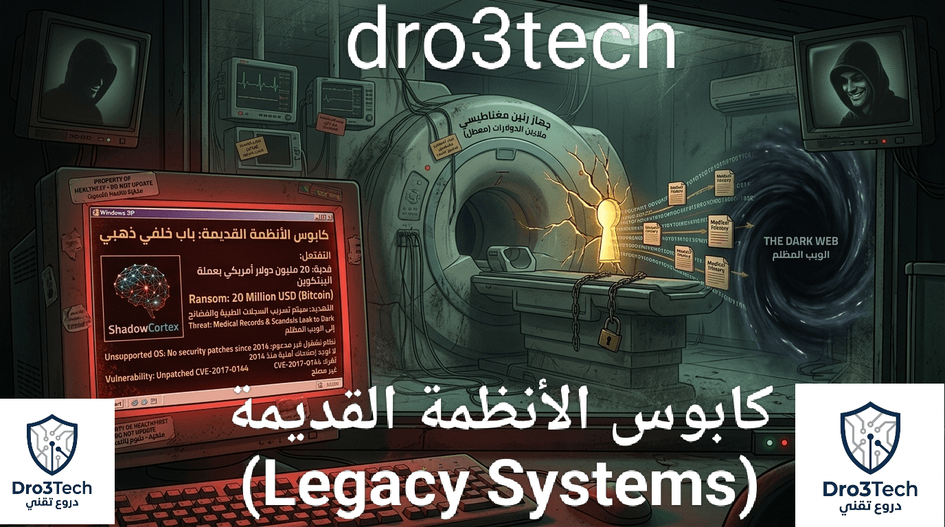 رسم توضيحي يظهر جهاز رنين مغناطيسي طبي مخترق بسبب استخدام أنظمة تشغيل قديمة، مع شاشة حاسوب تعرض طلب فدية بقيمة 20 مليون دولار من مجموعة ShadowCortex وتهديداً بتسريب البيانات للويب المظلم.