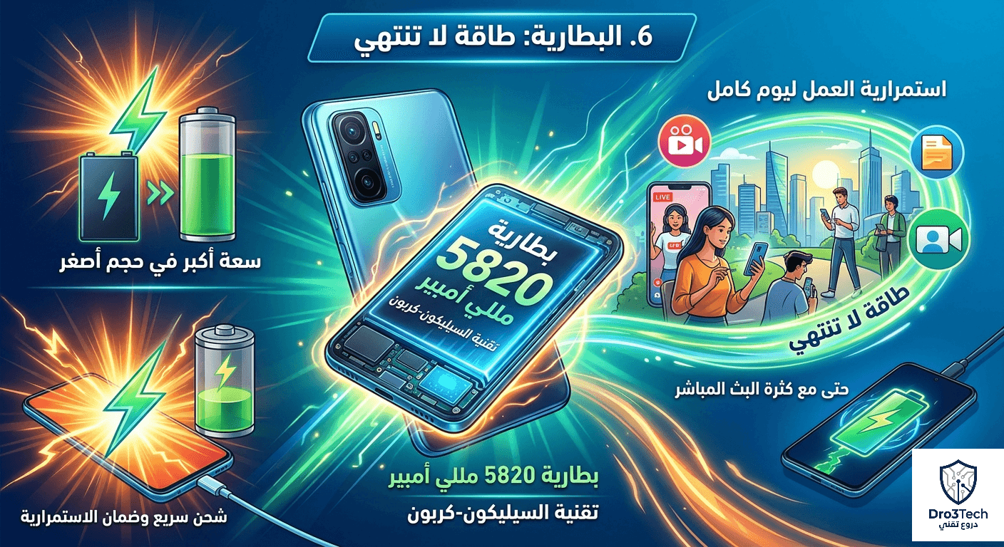 إنفوجرافيك توضيحي يبرز مواصفات بطارية هاتف Magic V5، موضحاً سعتها البالغة 5820 مللي أمبير بتقنية السيليكون-كربون، وميزة الشحن السريع لضمان استمرارية العمل طوال اليوم.