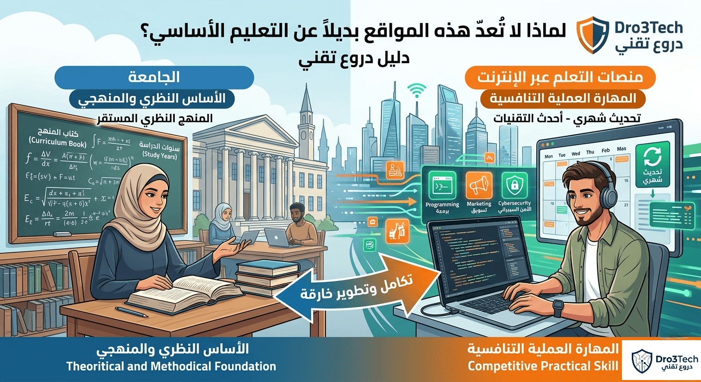 تصميم توضيحي من دروع تقني يوضح التكامل بين التعليم الجامعي الأكاديمي والتعلم عبر الإنترنت، يظهر مقارنة بين الأساس النظري والمهارة العملية التنافسية.