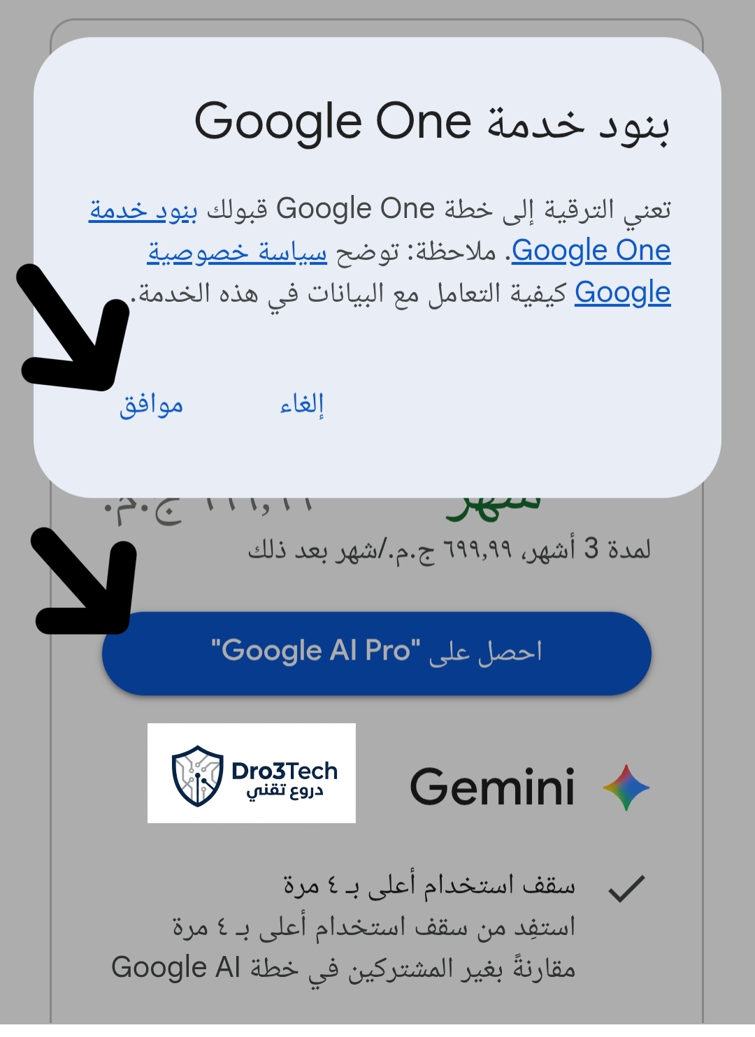 نافذة الموافقة على بنود خدمة مساحة تخزين Google One للترقية إلى خطة Google AI Pro.