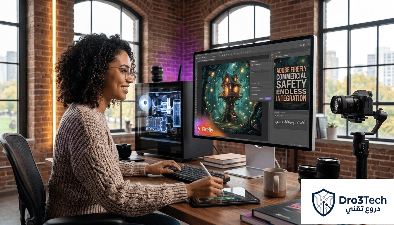مصممة محتوى تستخدم أداة Adobe Firefly لتوليد تصاميم احترافية آمنة تجارياً بالذكاء الاصطناعي.