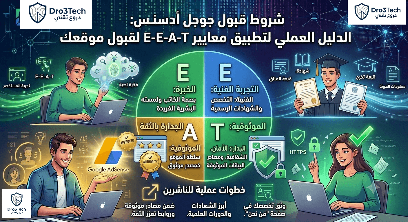 إنفوجرافيك مفصل يشرح معايير E-E-A-T الأربعة لقبول جوجل أدسنس، ويوضح كيفية تطبيق الخبرة والتجربة والموثوقية والجدارة بالثقة لرفع موثوقية الموقع.
