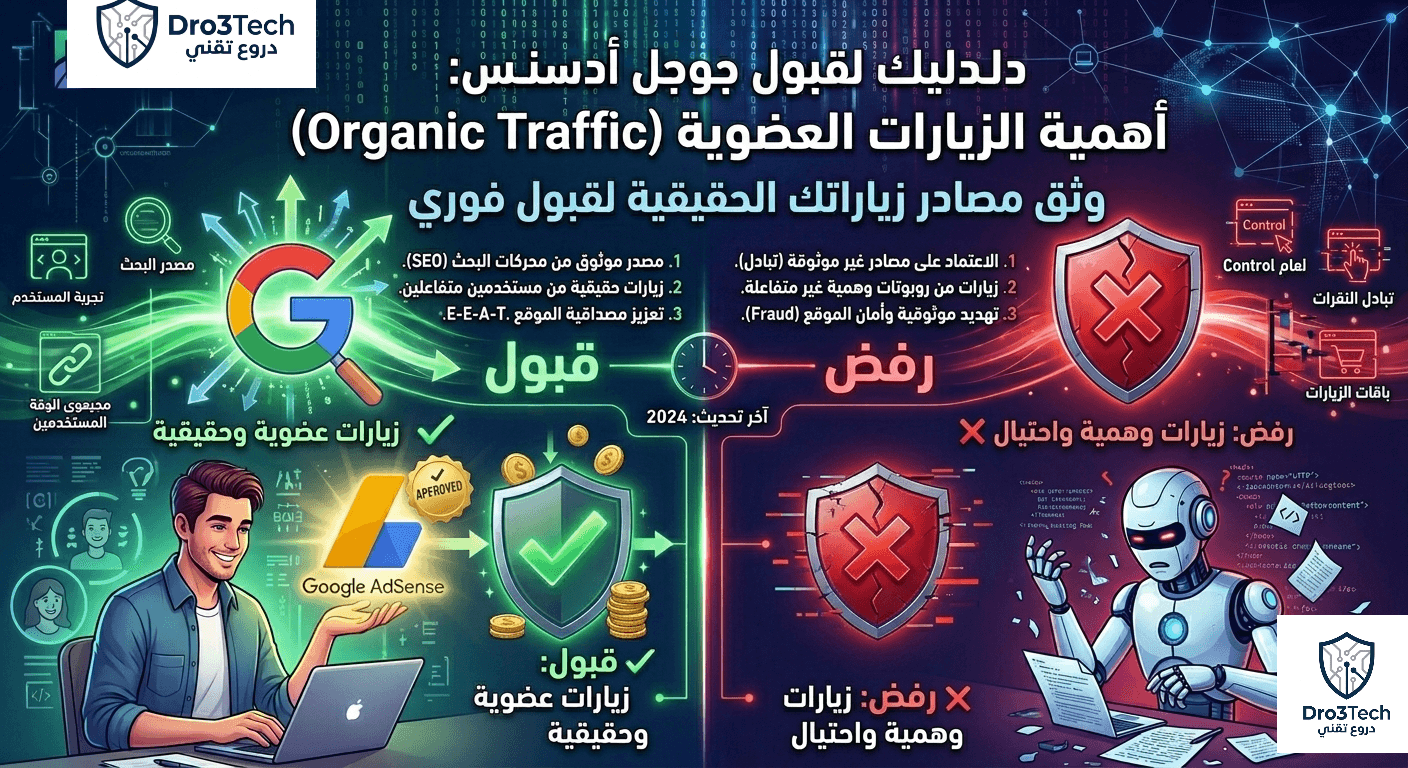 إنفوجرافيك مقارن يشرح أهمية الزيارات العضوية والحقيقية (Organic Traffic) لقبول جوجل أدسنس، ويوضح الفرق بين مصادر الزيارات الموثوقة والزيارات الوهمية أو تبادل النقرات.