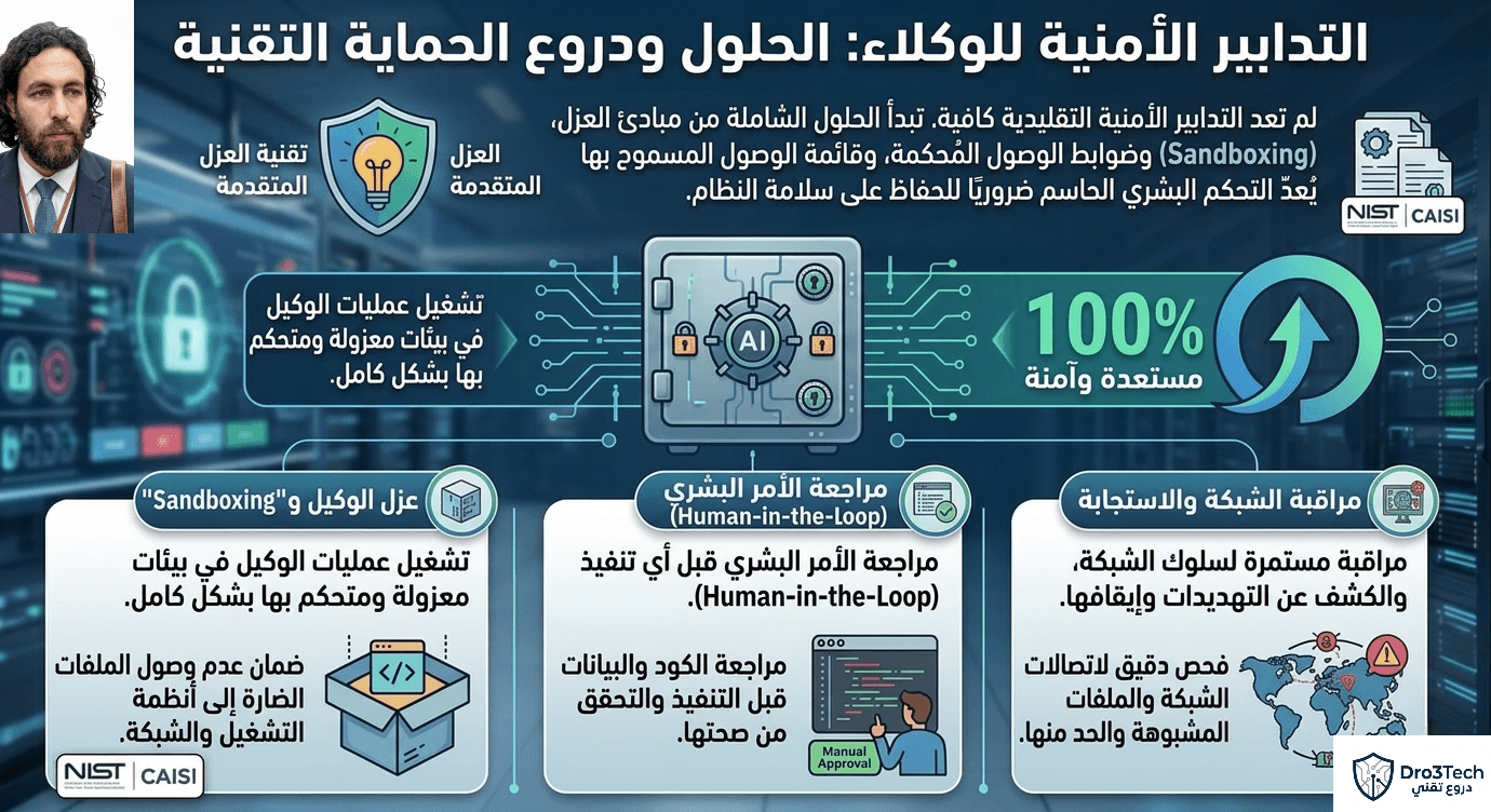 An infographic titled 'AI Agent Security Measures' in Arabic, referencing NIST CAISI, showing advanced isolation, advanced isolation techniques, sandboxing, human-in-the-loop, network monitoring, code review, manual approval, and a 100% security readiness goal.