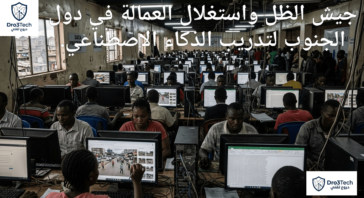 عمال في دول الجنوب العالمي يجلسون في قاعة عمل مكتظة أمام أجهزة كمبيوتر لتصنيف الصور والبيانات وتدريب خوارزميات الذكاء الاصطناعي بأجور متدنية.