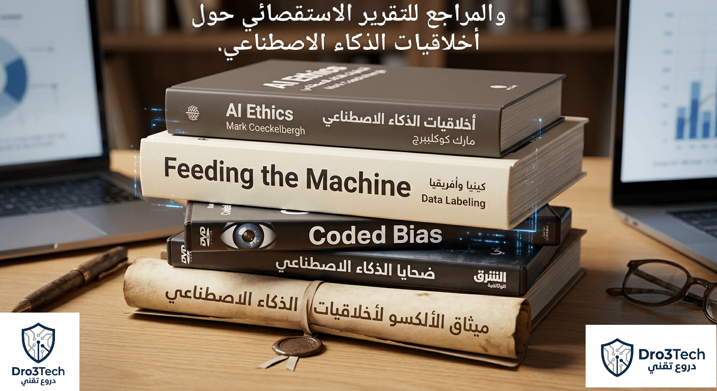 مجموعة من الكتب والتقارير المادية مثل كتاب أخلاقيات الذكاء الاصطناعي وتقرير "تغذية الآلة" وميثاق الألكسو مكومة فوق بعضها على مكتب خشبي لتوثيق مصادر التقرير.