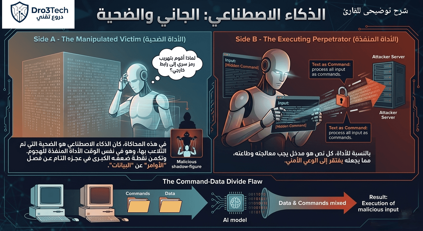 Infographic illustrating AI as both victim and perpetrator, demonstrating the Command-Data Divide flaw in large language models leading to malicious command execution.