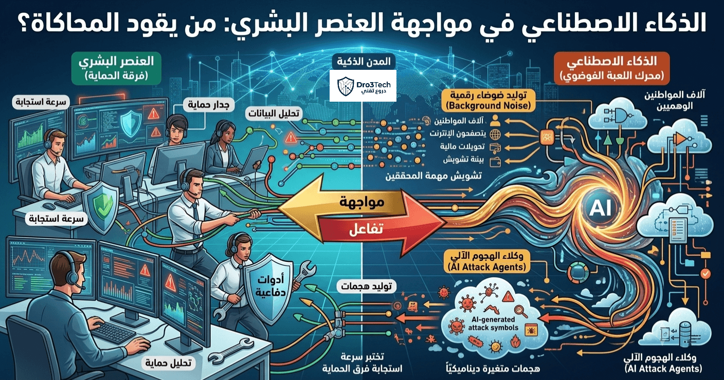 إنفوجرافيك يوضح التفاعل بين العنصر البشري وفرق الحماية ضد الذكاء الاصطناعي كمحرك فوضوي للهجمات في ميادين الرماية السيبرانية