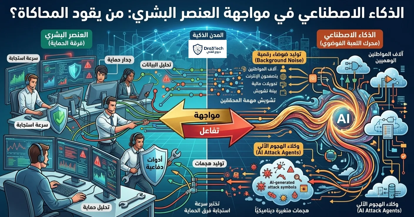 إنفوجرافيك يوضح التفاعل بين العنصر البشري وفرق الحماية ضد الذكاء الاصطناعي كمحرك فوضوي للهجمات في ميادين الرماية السيبرانية