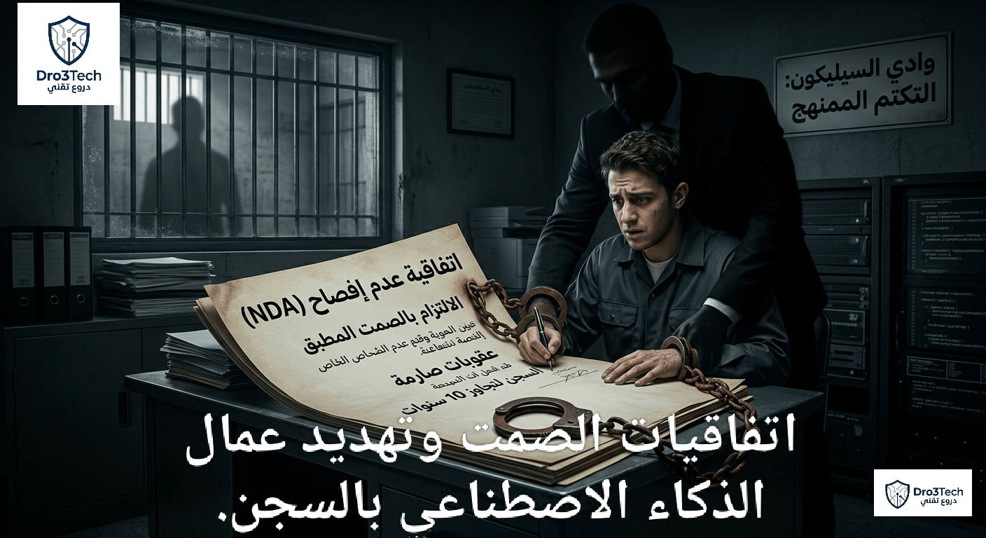 موظف مقيد بالسلاسل يوقع على اتفاقية عدم إفصاح (NDA) تحت التهديد والضغط، مع خلفية توحي بزنزانة سجن، للتعبير عن التكتم الممنهج في شركات الذكاء الاصطناعي.