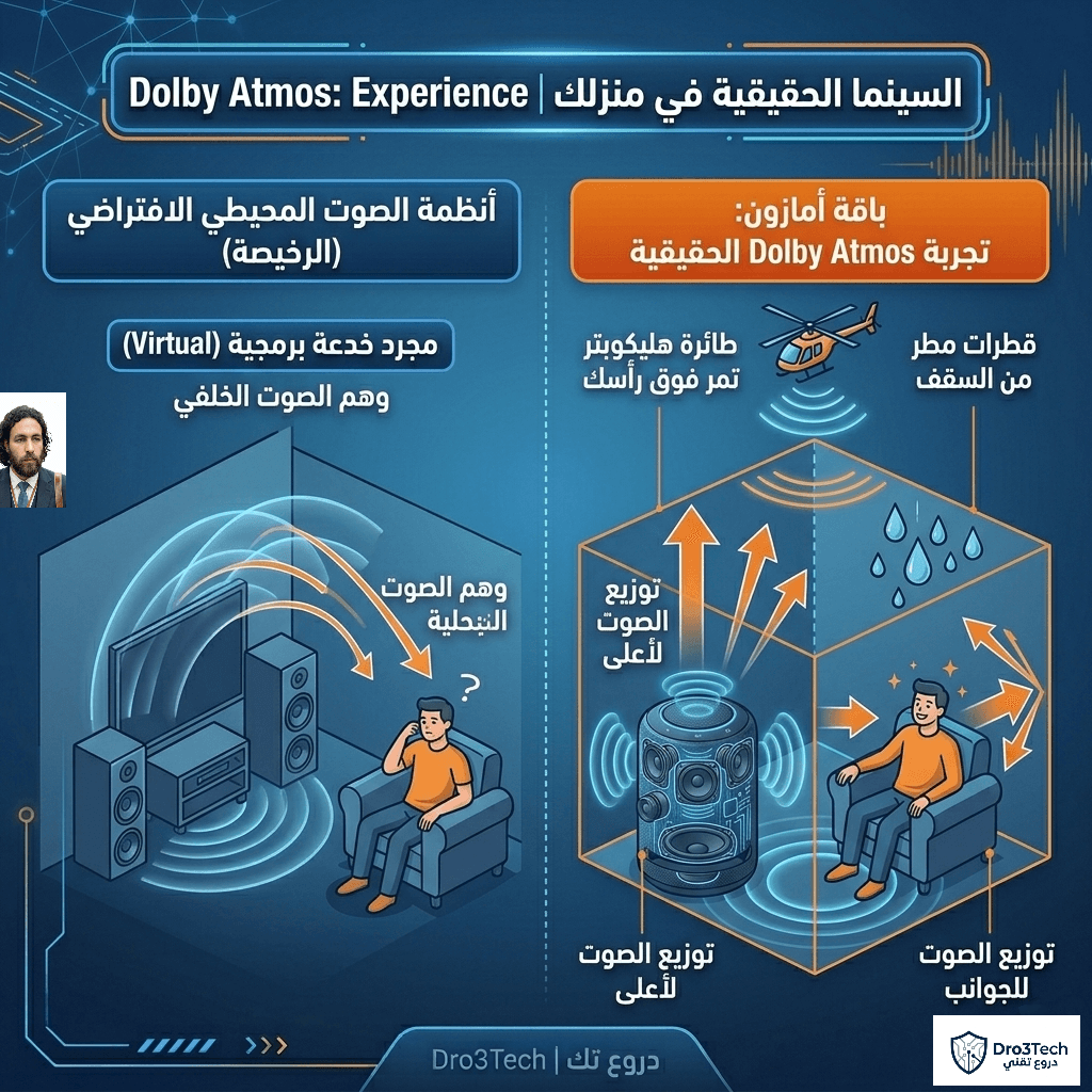 إنفوجرافيك يوضح الفرق بين أنظمة الصوت المحيطي الافتراضي البرمجية وتجربة Dolby Atmos المكانية الحقيقية في السينما المنزلية - دروع تك