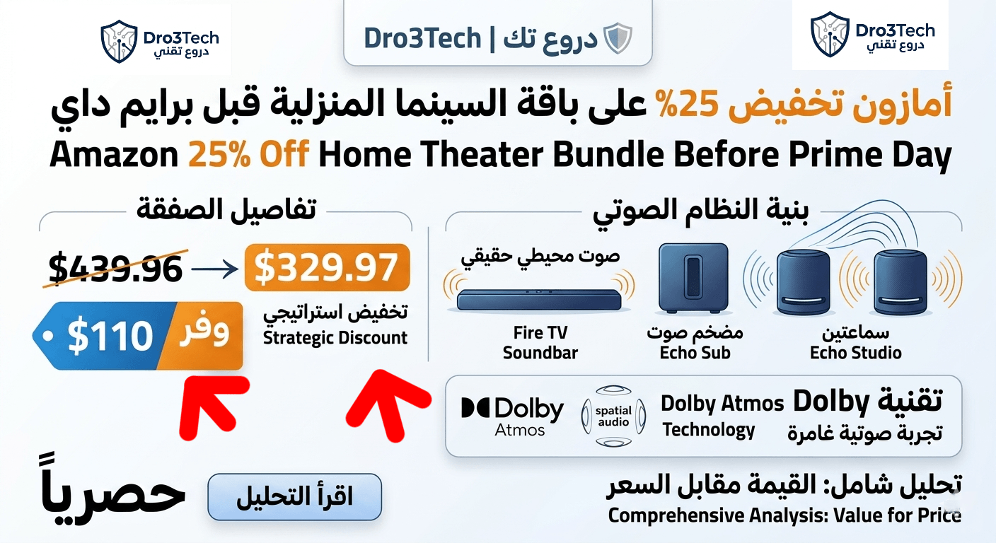 إنفوجرافيك يوضح تخفيض أمازون بنسبة 25% على باقة السينما المنزلية الذكية ومكونات النظام الصوتي وميزات Dolby Atmos - دروع تك