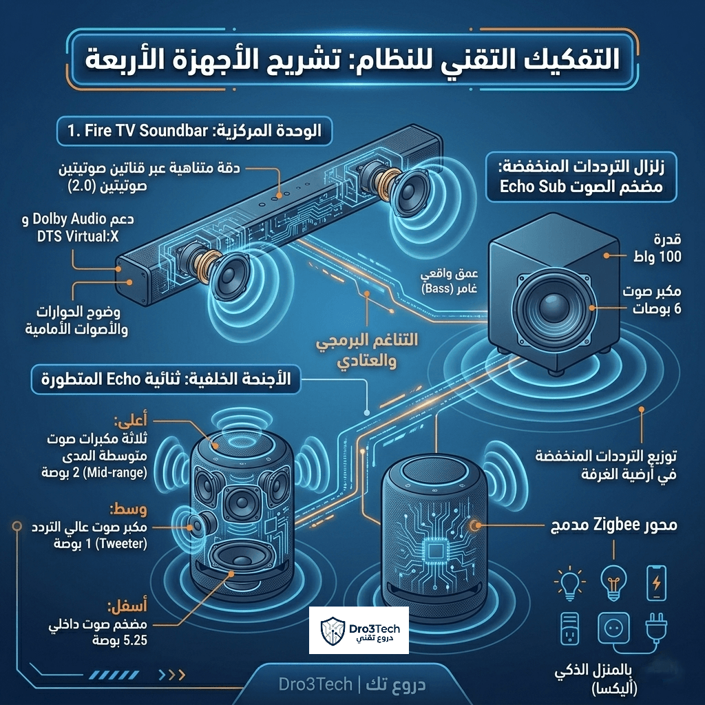 إنفوجرافيك تشريحي يوضح المكونات التقنية الداخلية والعتاد لنظام أمازون الصوتي المنزلي ويشمل الساوند بار ومضخم الصوت وسماعات إيكو ستوديو - دروع تك