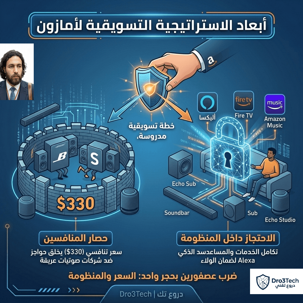 إنفوجرافيك يشرح أبعاد الاستراتيجية التسويقية لأمازون وحصار المنافسين مثل سونوس وبوز مع سياسة الاحتجاز داخل منظومة أليكسا الذكية - دروع تك