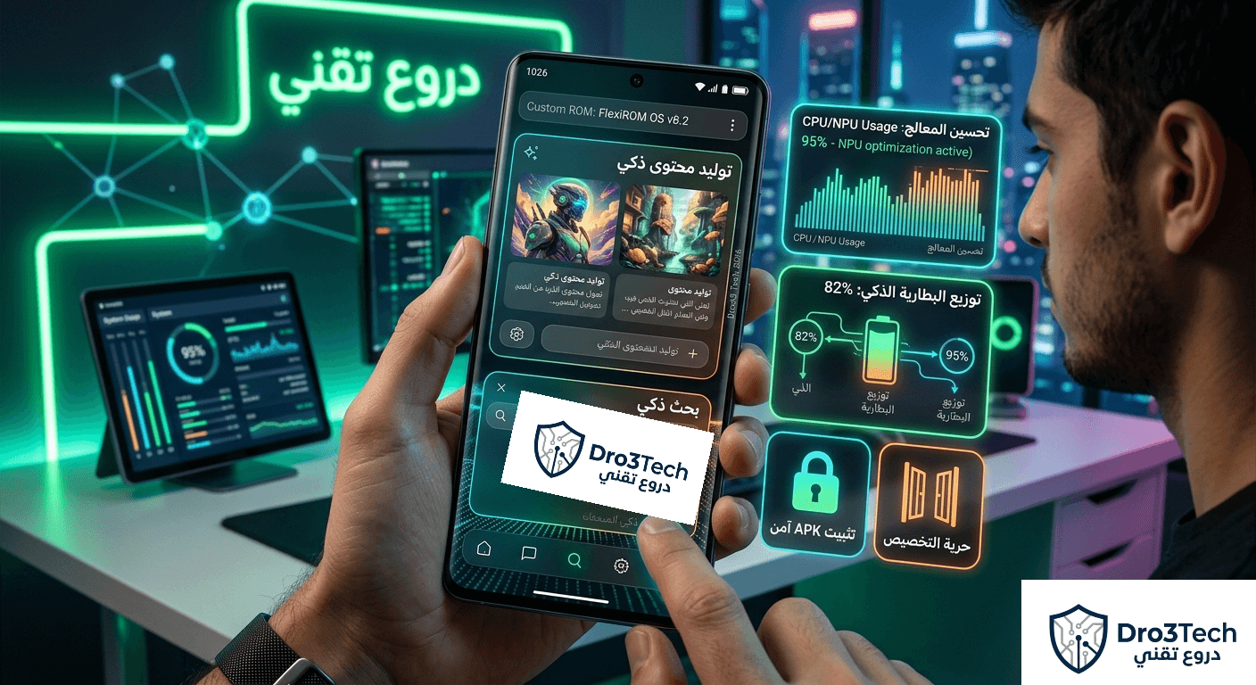 هاتف ذكي متطور يعمل بنظام أندرويد 2026 يعرض واجهة مخصصة بالكامل (Custom ROM) وأدوات تفاعلية للذكاء الاصطناعي التوليدي ومؤشرات كفاءة البطارية والمعالج.