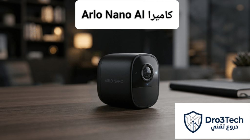 كاميرا Arlo Nano AI السوداء المدمجة على مكتب، تتميز بتصميم فخم وعدسة 4K مع شريحة ذكاء اصطناعي لمعالجة البيانات محلياً بأعلى درجات الأمان.