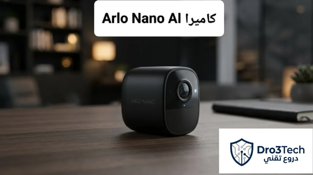 كاميرا Arlo Nano AI السوداء المدمجة على مكتب، تتميز بتصميم فخم وعدسة 4K مع شريحة ذكاء اصطناعي لمعالجة البيانات محلياً بأعلى درجات الأمان.