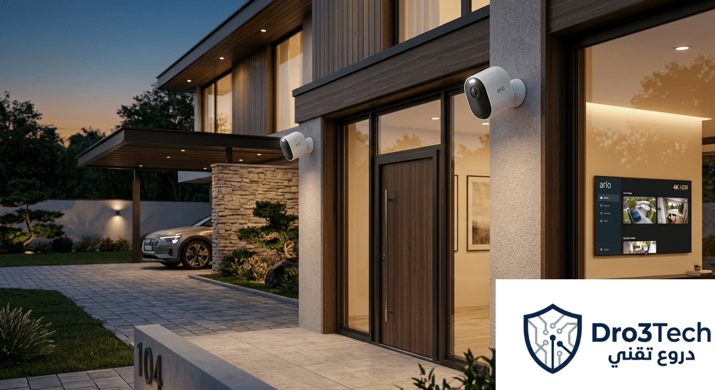 كاميرات مراقبة ذكية من نوع Arlo Ultra مثبتة بشكل أنيق على الجدران الخارجية لفيلا فخمة وعصرية وقت الغروب، وتظهر كاميرا عند المدخل الرئيسي وأخرى تغطي منطقة الممر والسيارة، مع إضاءة دافئة وداخلية تبرز شاشة ذكية تعرض نظام المراقبة.