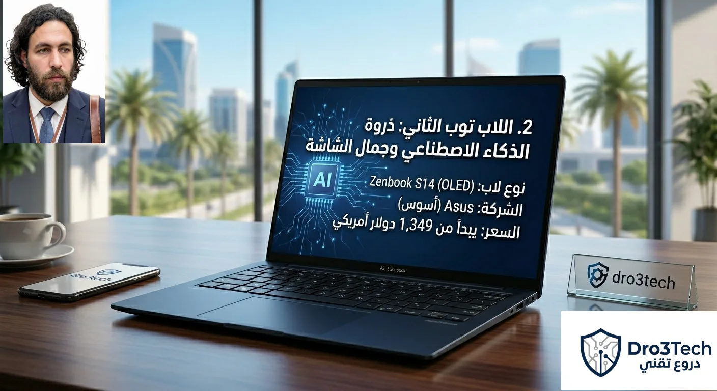 لابتوب Asus Zenbook S14 بشاشة OLED مفتوح على مكتب، يعرض شريحة ذكاء اصطناعي (AI) ونص بالعربية "ذروة الذكاء الاصطناعي وجمال الشاشة" مع تفاصيل السعر وشعار منصة dro3tech.