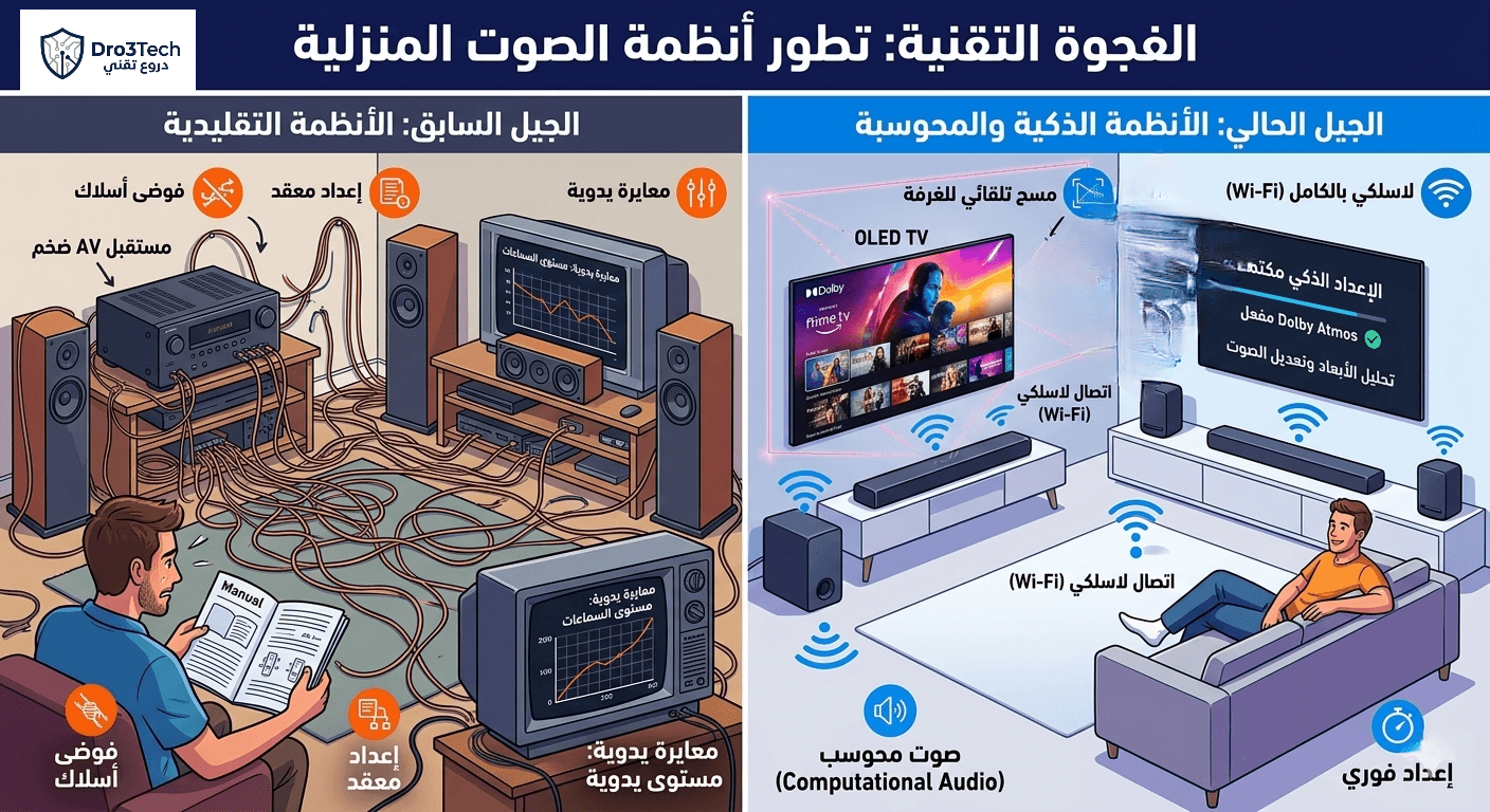 إنفوجرافيك يوضح الفجوة التقنية ومقارنة بين أنظمة الصوت المنزلية التقليدية القديمة المليئة بالأسلاك والأنظمة الذكية اللاسلكية الحديثة المحوسبة - دروع تك