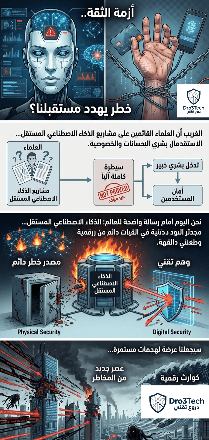 إنفوجرافيك يوضح أزمة الثقة في الذكاء الاصطناعي المستقل، ويسلط الضوء على مخاطر الأتمتة الكاملة، غياب الإشراف البشري، وتهديدات الأمن السيبراني والمادي للمستخدمين.