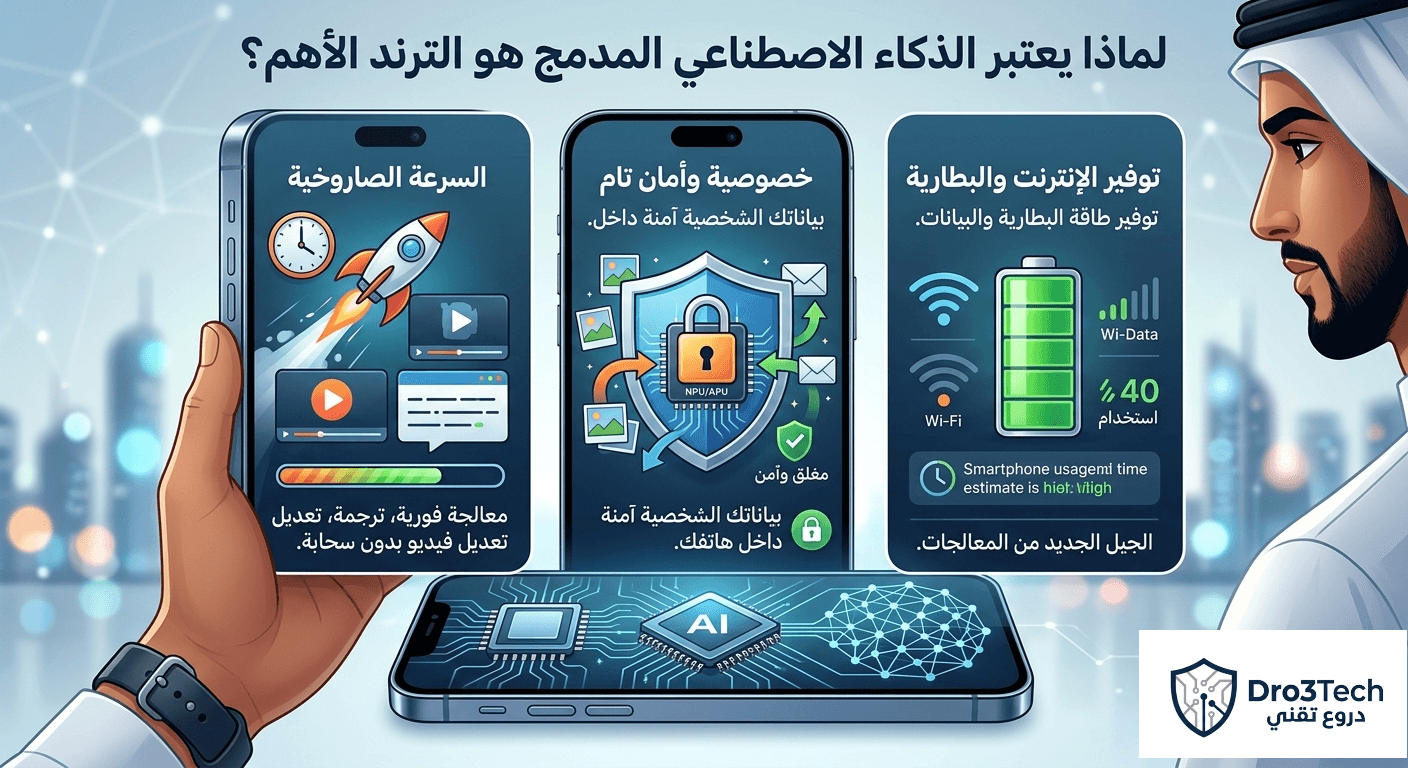 إنفوجرافيك يوضح أهمية ترند التقنية للذكاء الاصطناعي المدمج في الهواتف الذكية، حيث يركز على السرعة الصاروخية، الخصوصية التامة للبيانات دون إنترنت، وتوفير طاقة البطارية.