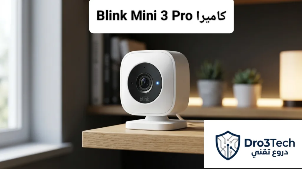 كاميرا المراقبة Blink Mini 3 Pro الذكية باللون الأبيض، مخصصة للمنازل الذكية مع إضاءة ليد زرقاء وعدسة دقيقة للتصوير الداخلي.