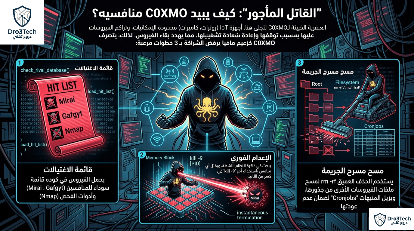 إنفوجرافيك يوضح كيف تقوم برمجية C0XMO الخبيثة بإبادة الفيروسات المنافسة مثل Mirai و Gafgyt داخل أجهزة إنترنت الأشياء باستخدام أوامر لينكس مثل kill -9 و rm -rf.