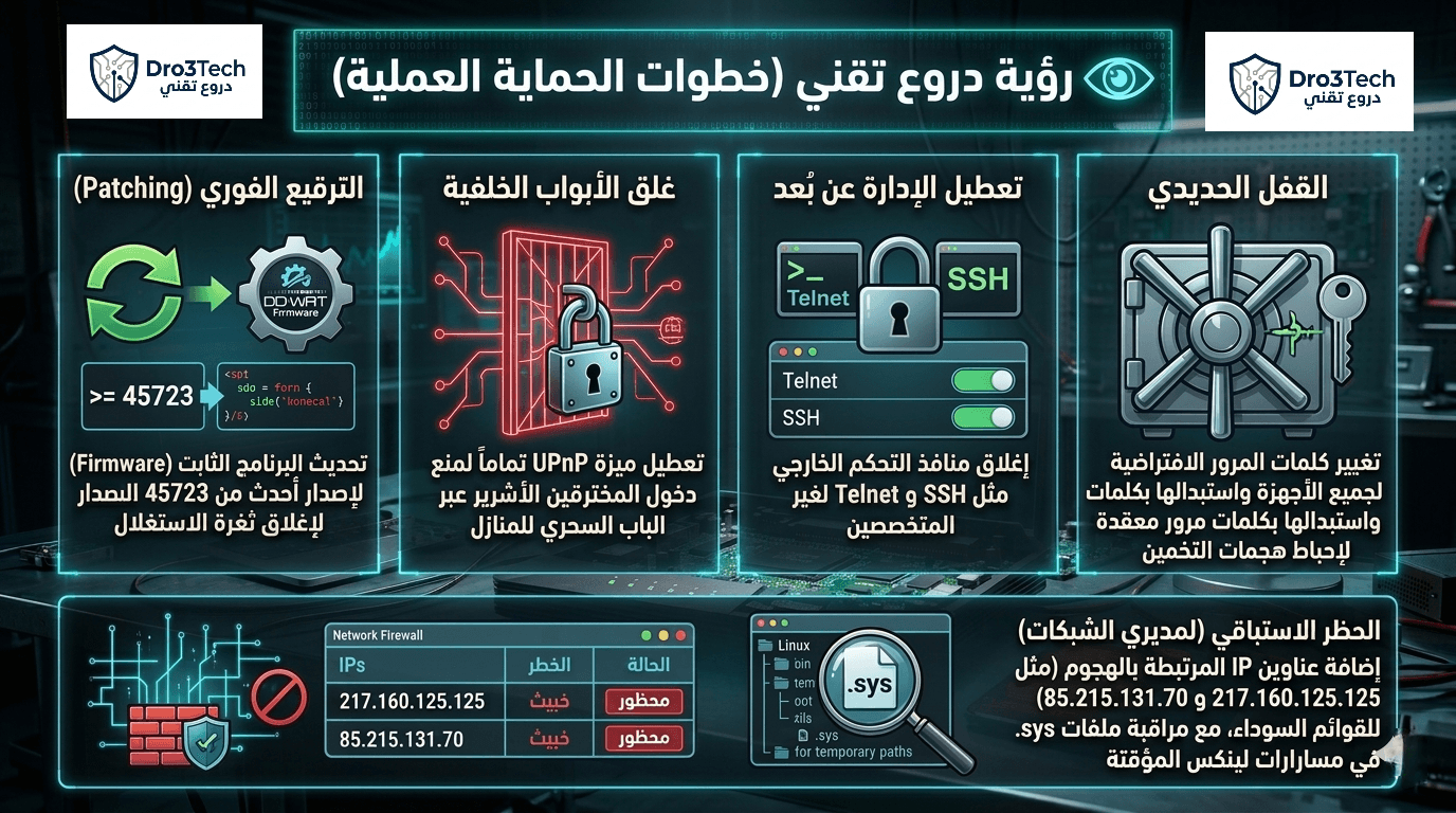 إنفوجرافيك تعليمي يوضح خطوات الحماية العملية من برمجية C0XMO، تشمل تحديث نظام DD-WRT، تعطيل ميزة UPnP ومنافذ الإدارة عن بُعد، تعزيز كلمات المرور، وإعدادات جدار الحماية (Firewall) لمديري الشبكات.