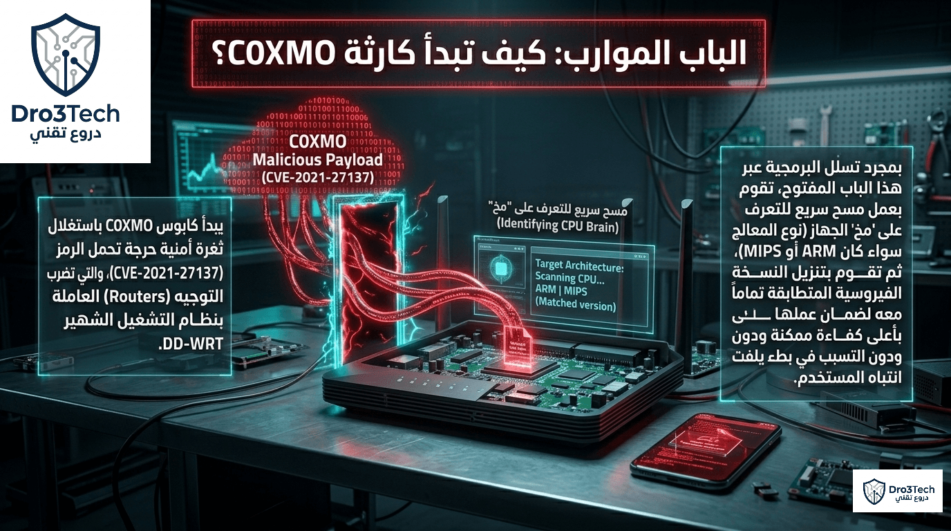 رسم سيبراني يوضح استغلال برمجية C0XMO لثغرة الباب الموارب (CVE-2021-27137) في أجهزة توجيه DD-WRT وتحديد نوع المعالج.
