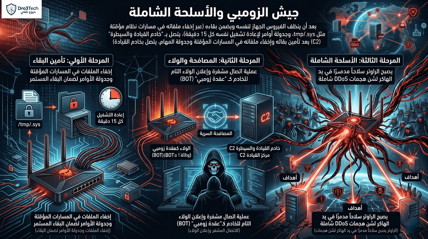 إنفوجرافيك يوضح مراحل تحول الراوتر المخترق إلى عقدة زومبي في شبكة C0XMO، بدءاً من التخفي في ملفات النظام، والاتصال بخادم القيادة والسيطرة (C2)، وصولاً إلى شن هجمات DDoS مدمرة.
