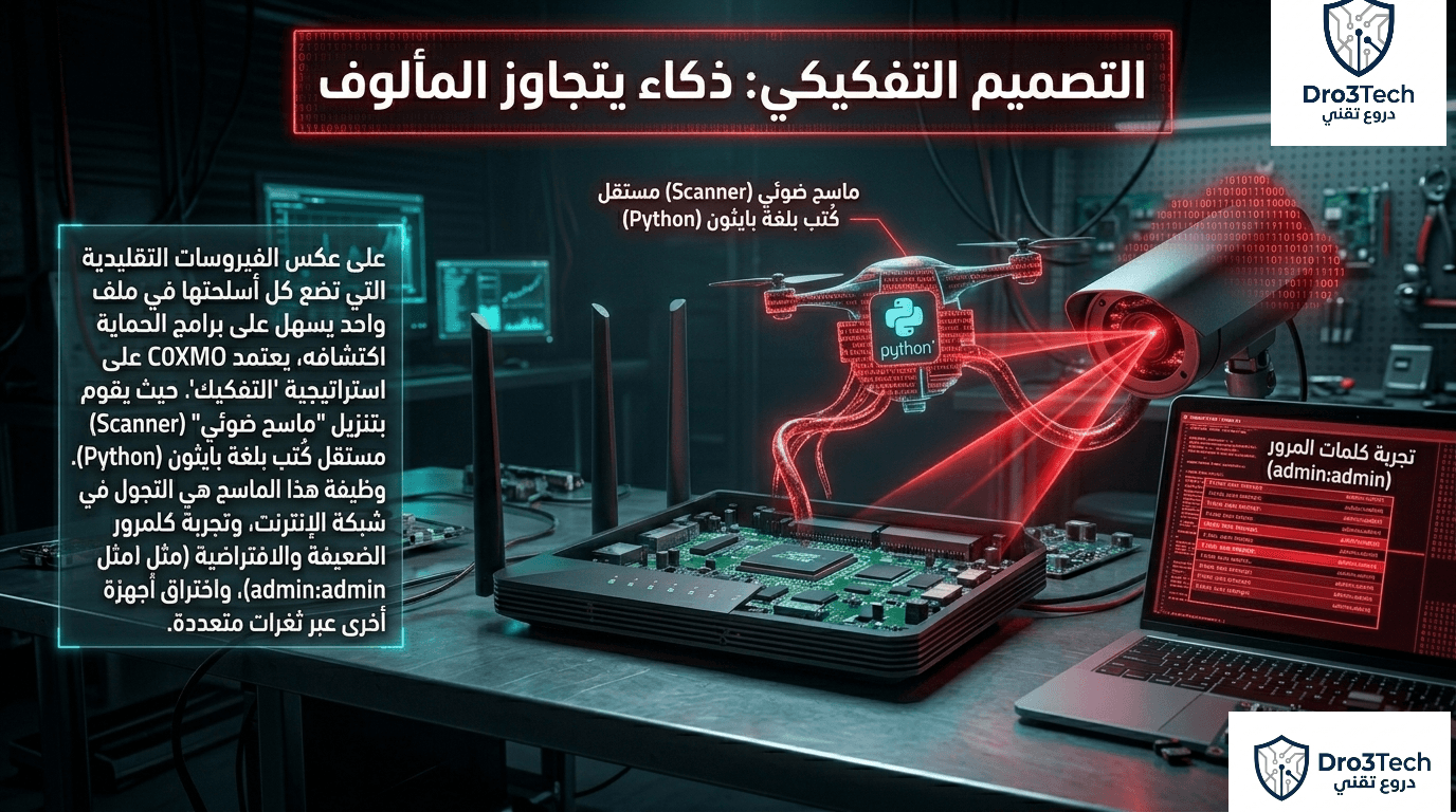 تصميم فني مفهومي يوضح البنية التفكيكية لبرمجية C0XMO، حيث ينفصل ماسح ضوئي مستقل كُتب بلغة بايثون من الراوتر المركزي لفحص الشبكة.