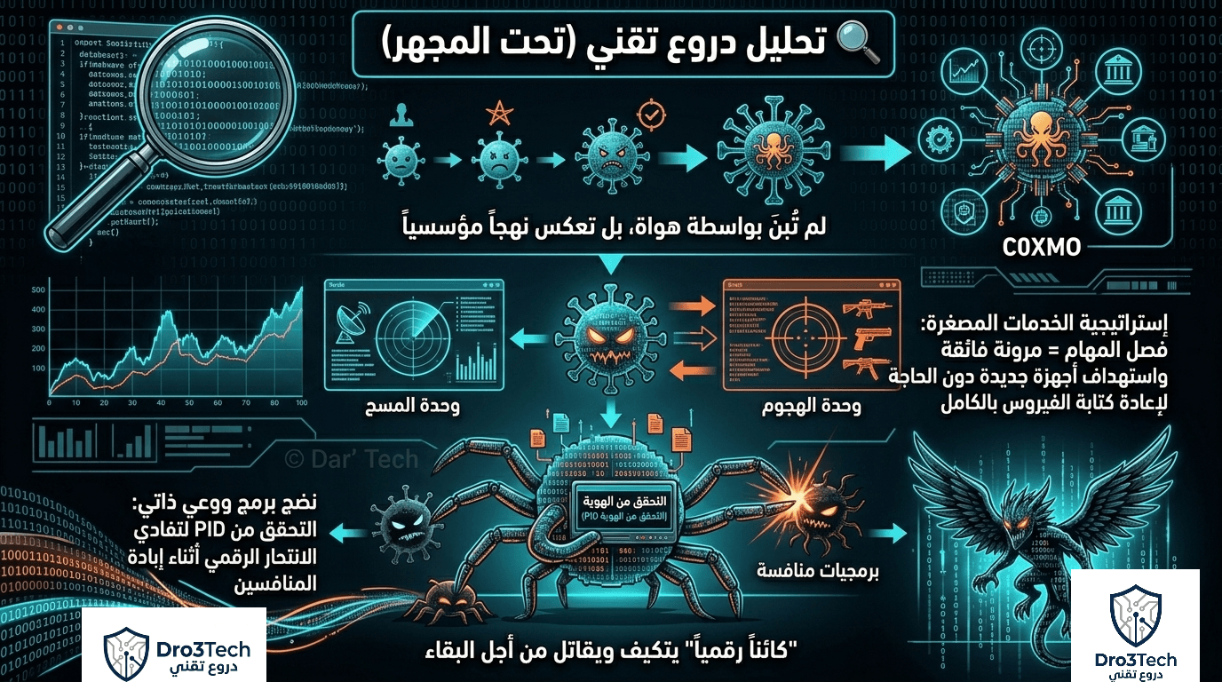 إنفوجرافيك يوضح تحليل "دروع تقني" للهندسة العكسية لبرمجية C0XMO، مبرزاً اعتمادها على الخدمات المصغرة (فصل المسح عن الهجوم) وقدرتها على التحقق من هويتها (PID) ككائن رقمي لتجنب الحذف الذاتي.