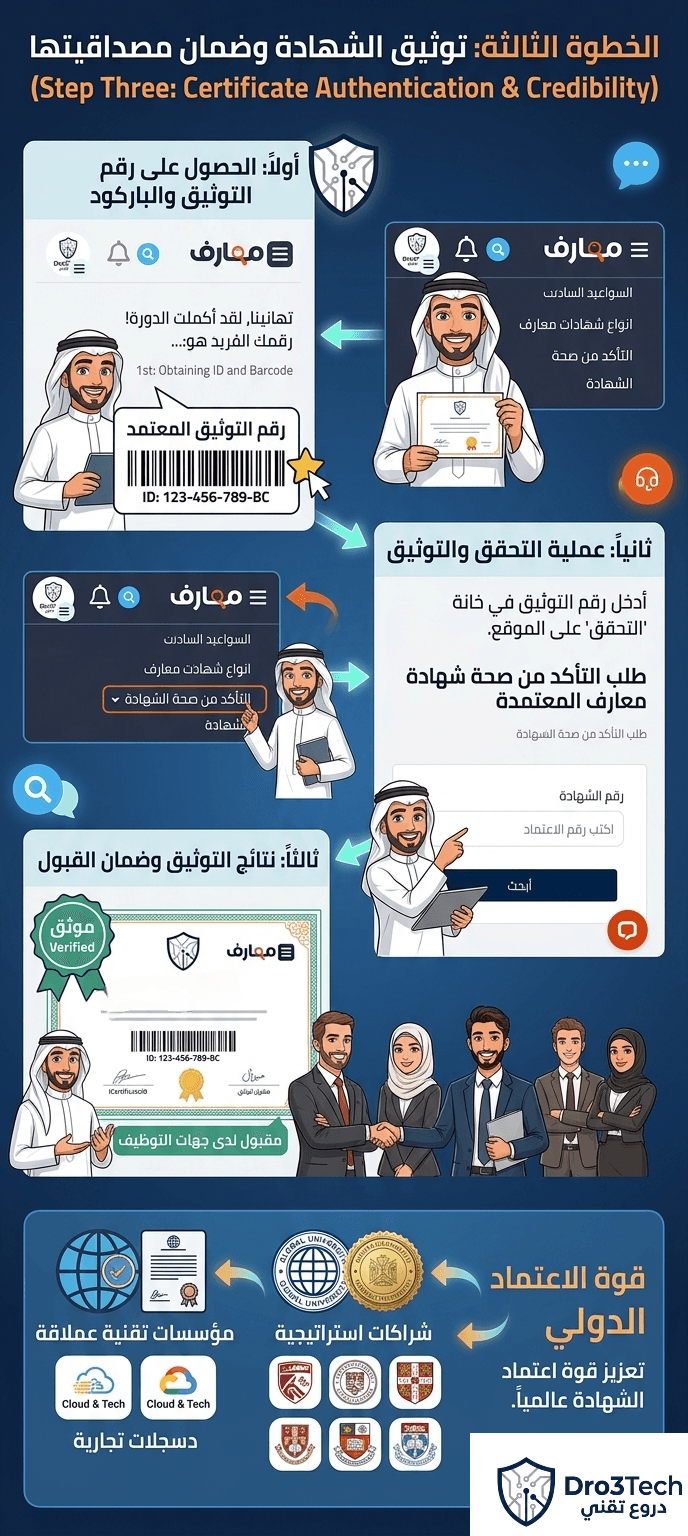 انفوجرافيك توضيحي من دروع تقني يشرح الخطوة الثالثة لتوثيق الشهادة وضمان مصداقيتها والتحقق من رقم الاعتماد والباركود في منصة معارف.