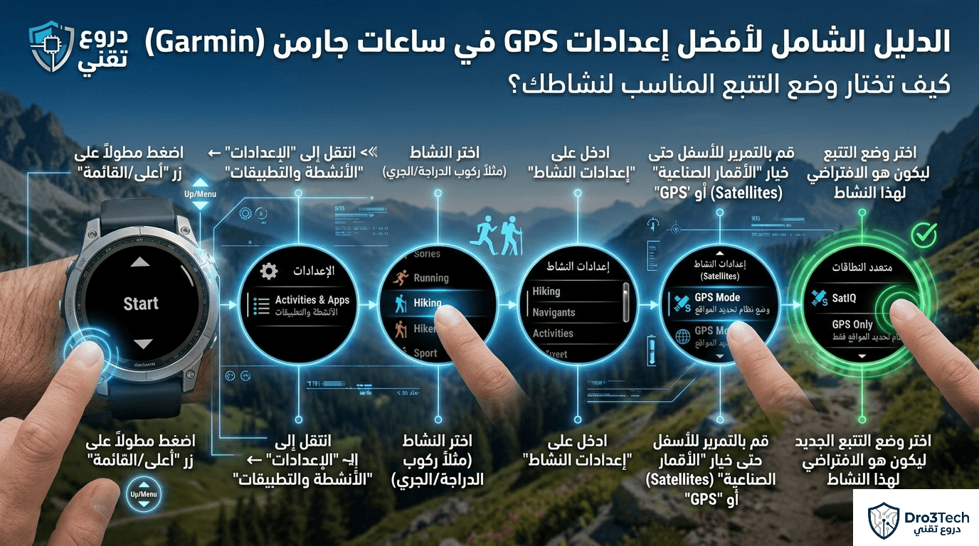 شرح خطوات تغيير إعدادات GPS في ساعات جارمن واختيار وضع التتبع للأنشطة الرياضية.