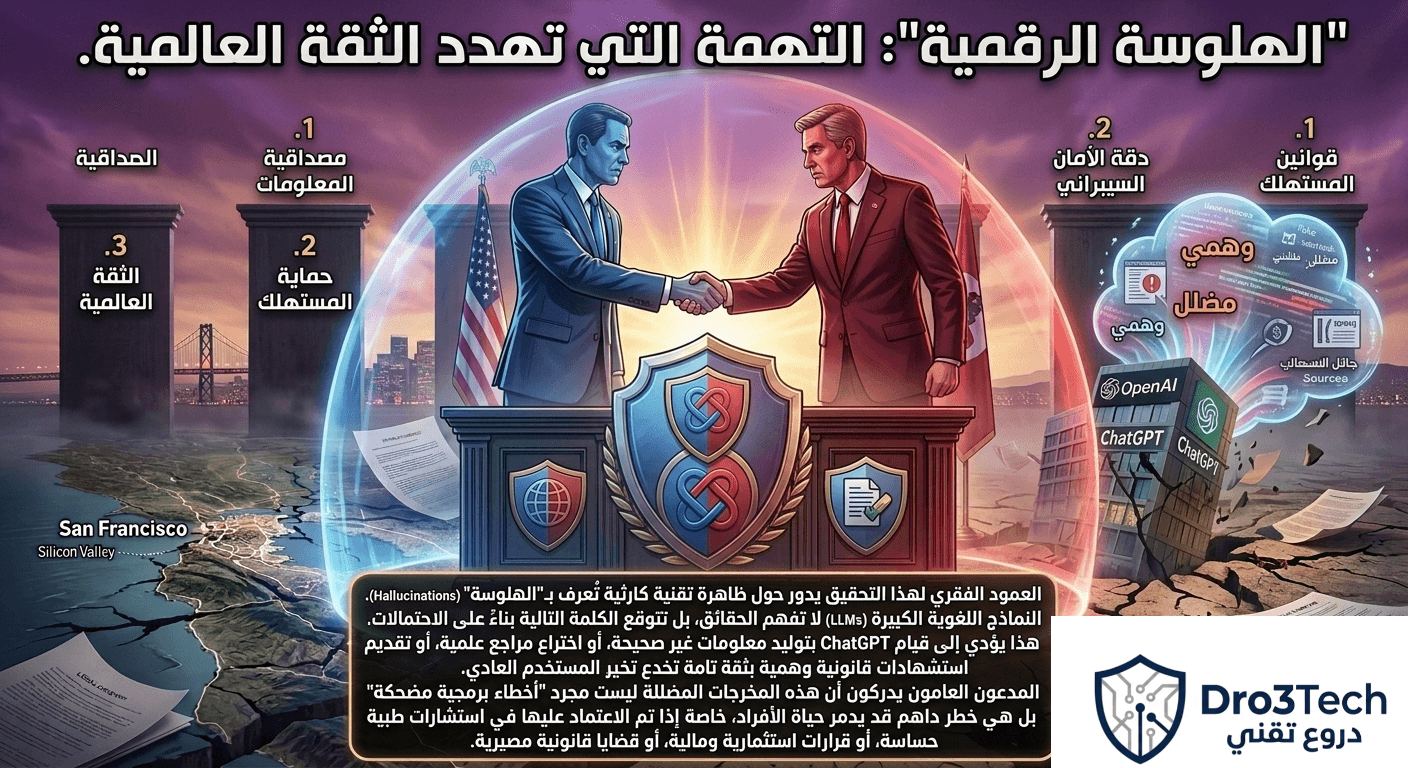 إنفوجرافيك يوضح ظاهرة الهلوسة الرقمية في ChatGPT ومخاطرها على الثقة العالمية، بقلم محمد محروس رزق لموقع دروع تك.