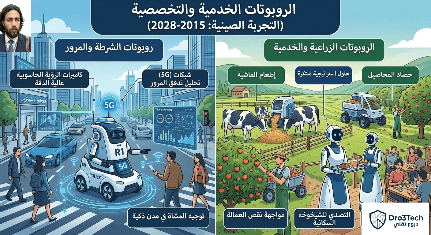 إنفوجرافيك عربي بالكامل يشرح دور الروبوتات الخدمية والزراعية وروبوتات الشرطة الذكية في التجربة الصينية للتنمية الاستراتيجية.
