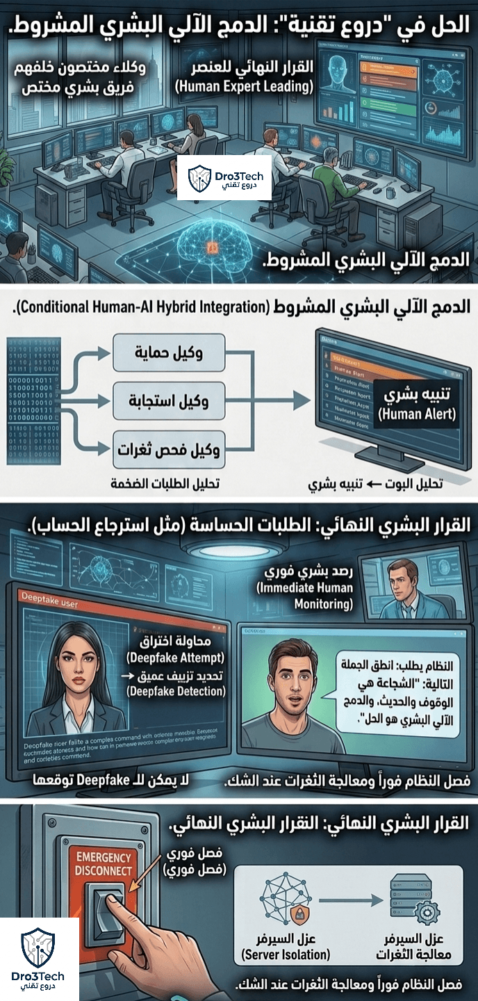 إنفوجرافيك يشرح مبادرة "الدمج الآلي البشري المشروط" من منصة درع تك لحماية الأمن الرقمي. يوضح التصميم إشراف العنصر البشري على وكلاء الذكاء الاصطناعي، وآليات كشف التزييف العميق (Deepfake) في الطلبات الحساسة، وزر الطوارئ لفصل الخوادم عند رصد محاولات الاختراق.