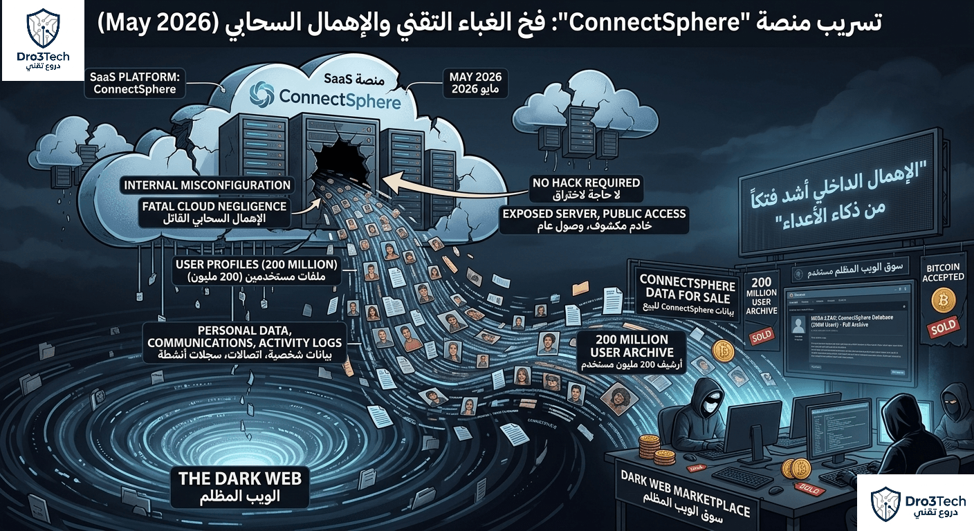 إنفوجرافيك توضيحي مفصل يوضح كارثة تسريب بيانات منصة ConnectSphere في مايو 2026، حيث يظهر شلال من بيانات 200 مليون مستخدم يتدفق من خوادم سحابية مهملة بسبب خطأ في التكوين الداخلي مباشرة إلى الويب المظلم ليتم بيعها بواسطة قراصنة ملثمين."