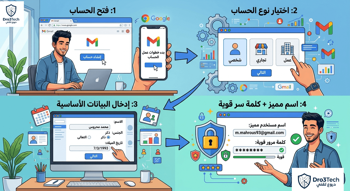 إنفوجرافيك يوضح خطوات إنشاء بريد إلكتروني جيميل آمن، بداية من اختيار نوع الحساب وإدخال البيانات الشخصية وصولاً إلى تعيين كلمة مرور قوية.