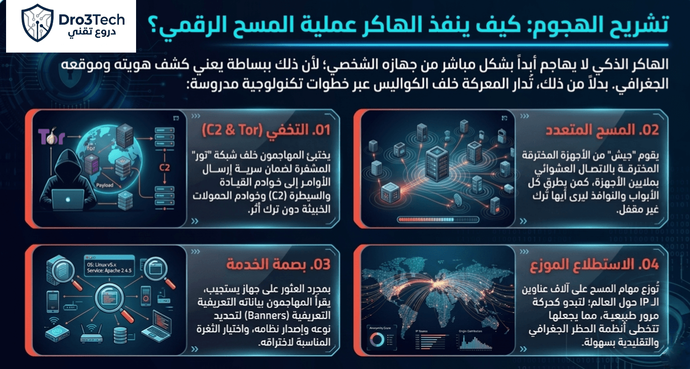 رسم توضيحي يعرض تشريح الهجوم السيبراني ومراحل المسح الرقمي الأربعة: التخفي عبر Tor وC2، المسح المتعدد، بصمة الخدمة، والاستطلاع الموزع.