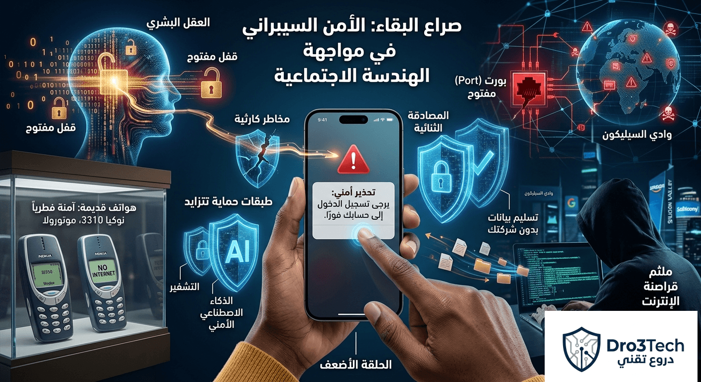 توضيح مفهوم الهندسة الاجتماعية واختراق الهواتف الذكية عبر رسائل التصيد، يظهر فيه هكر ملثم ومقارنة بين الهواتف الحديثة المستهدفة وهواتف نوكيا القديمة الحصينة.