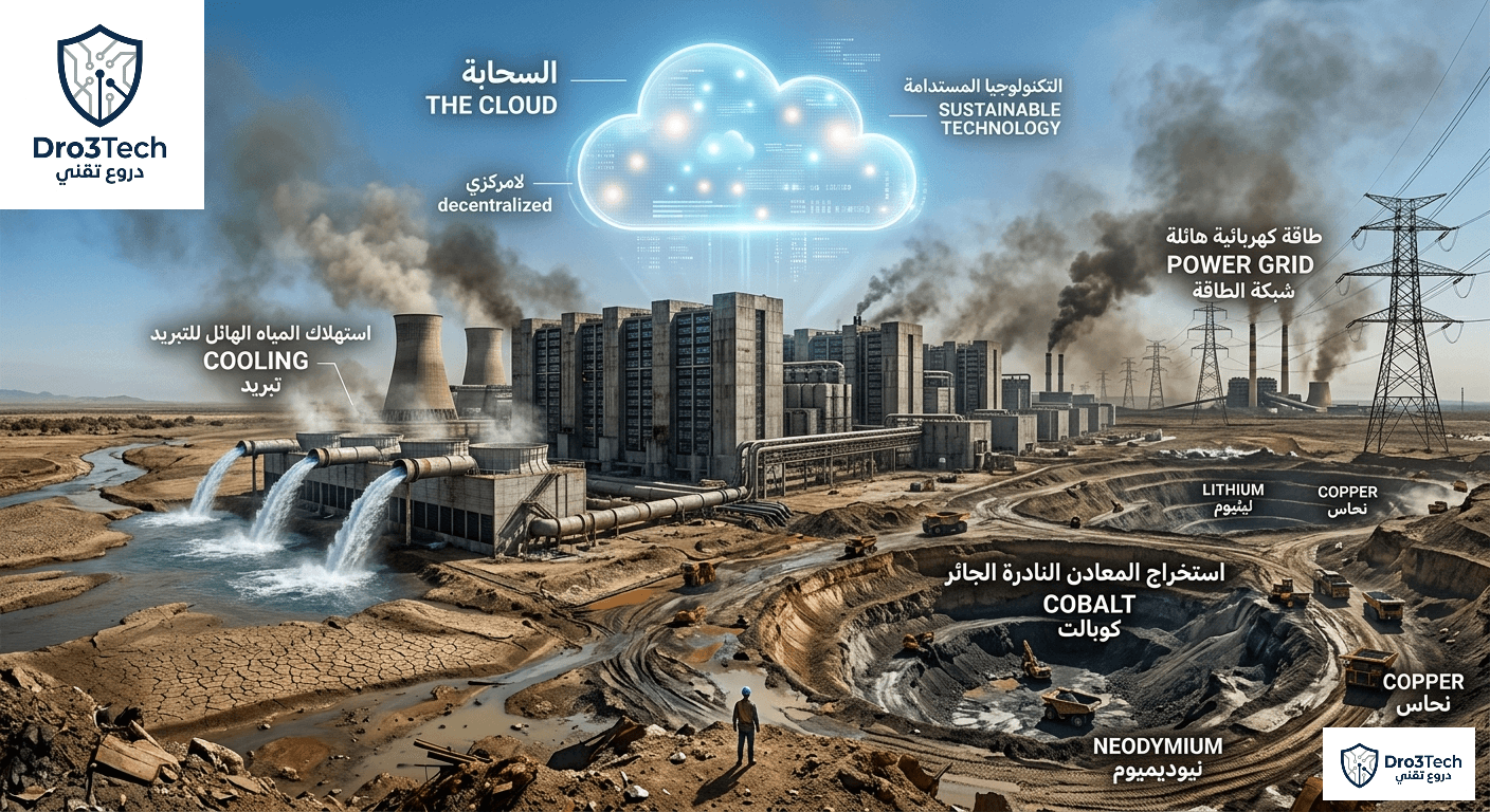 صورة استقصائية تكشف كذبة 'السحابة' واستنزاف الكوكب. سحابة خادعة في السماء تكشف الواقع المادي لمراكز بيانات ضخمة، مع مناجم استخراج جائرة للمعادن النادرة (كوبالت، ليثيوم، نحاس، نيوديميوم)، استهلاك مياه هائل للتبريد، ومحطات طاقة ملوثة. شخص صغير يقف أمام الواقع المدمر.
