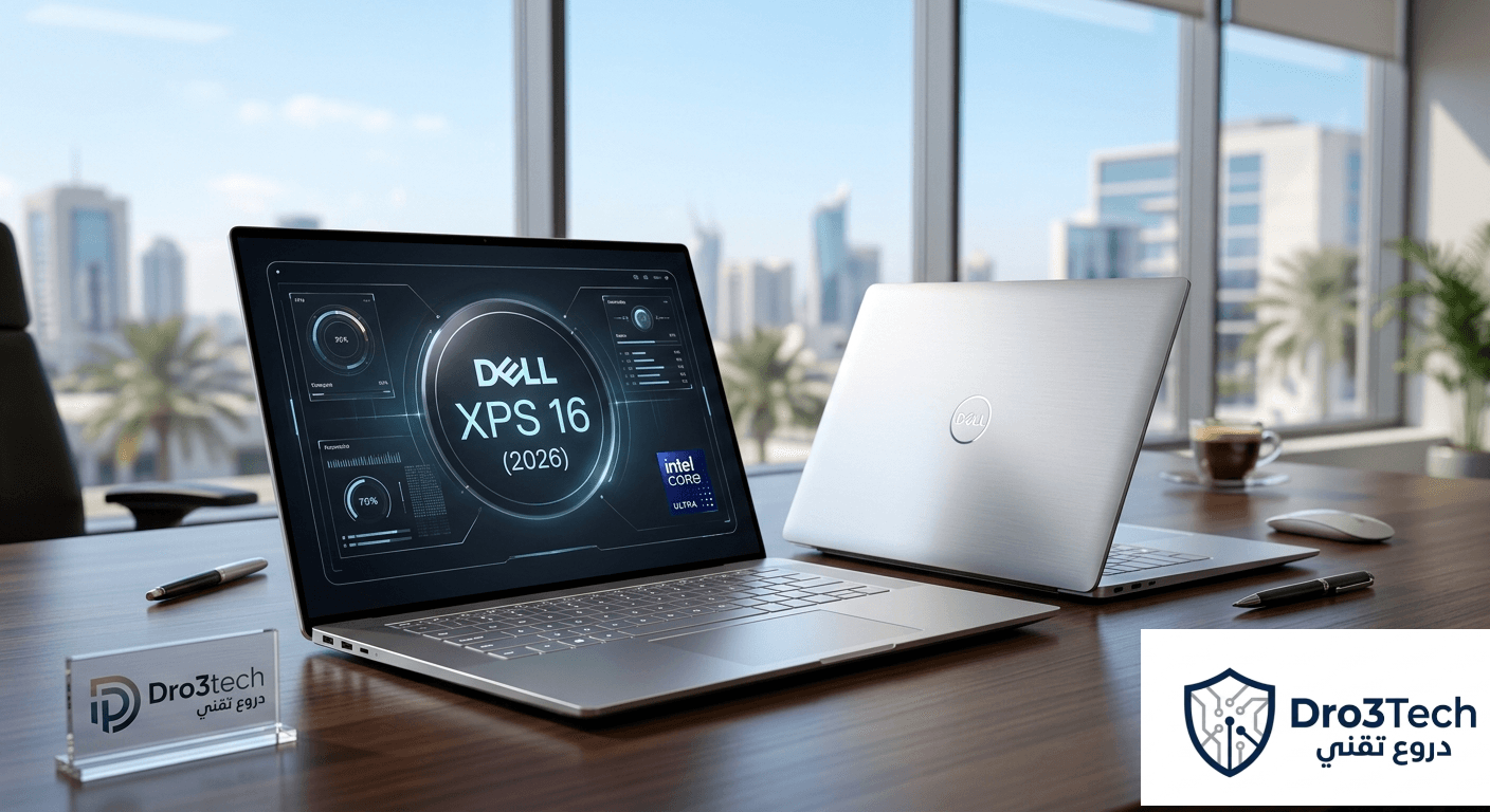 لابتوب Dell XPS 16 بتصميم فضي مستقبلي أنيق، يظهر منه جهاز مفتوح يعرض واجهة تقنية متطورة مع معالج إنتل كور ألترا، وجهاز آخر مغلق يبرز شعار ديل على مكتب خشبي، بجانبه لوحة زجاجية تحمل شعار منصة دروع تقني (Dro3tech).