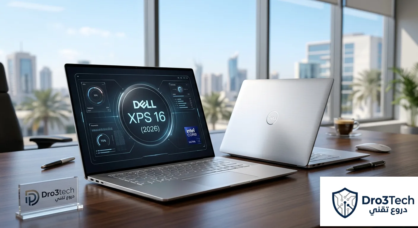 لابتوب Dell XPS 16 بتصميم فضي مستقبلي أنيق، يظهر منه جهاز مفتوح يعرض واجهة تقنية متطورة مع معالج إنتل كور ألترا، وجهاز آخر مغلق يبرز شعار ديل على مكتب خشبي، بجانبه لوحة زجاجية تحمل شعار منصة دروع تقني (Dro3tech).