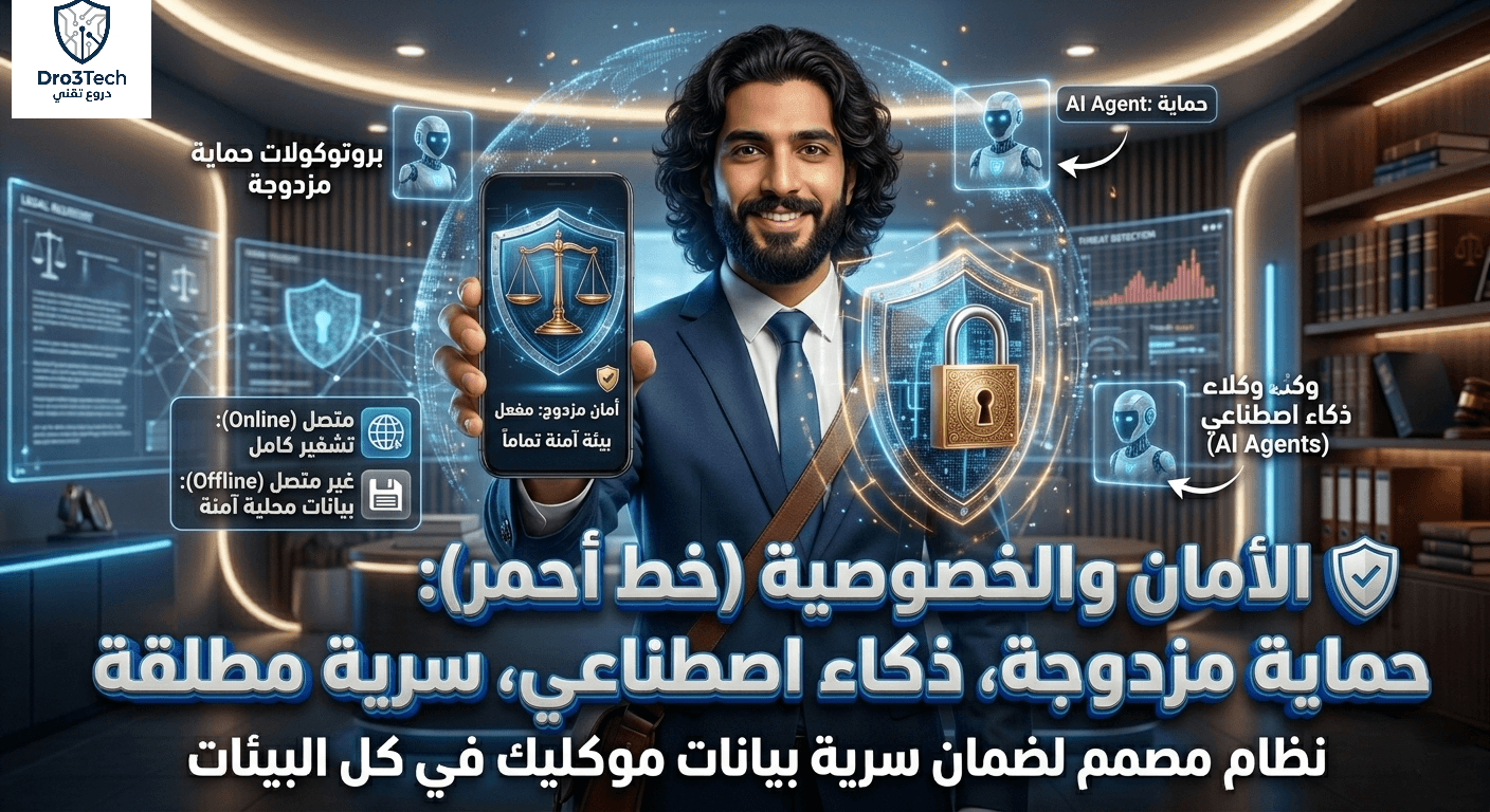 محامٍ عربي شاب يبتسم ويرتدي بدلة، يقف في مكتب قانوني متطور عارضاً تطبيقاً لتكنولوجيا القانون على هاتفه الذكي. خلفه شاشة عرض كبيرة تفصل "الأمان والخصوصية (خط أحمر)". تحيط به أيقونات عائمة مستقبلية لتقنيات قانونية مثل قفل الأمان السيبراني، بروتوكولات حماية مزدوجة، حماية من وكلاء ذكاء اصطناعي (AI Agents)، وعمل متصل وغير متصل بأمان. النص العربي في المقدمة يقول "الأمان والخصوصية (خط أحمر): حماية مزدوجة، ذكاء اصطناعي، سرية مطلقة". شاشات خلفية تعرض شعار Dro3Tech ومبادئ قانونية هامة مثل "العدل أساس الملك" و"المتهم بريء حتى تثبت إدانته"، ونموذج SaaS. الطراز الفني هو رسم توضيحي رقمي احترافي.