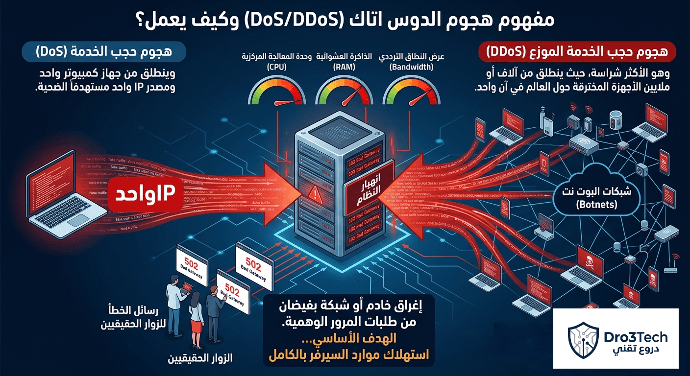 إنفوجرافيك يوضح الفرق بين هجوم حجب الخدمة (DoS) من جهاز واحد، وهجوم حجب الخدمة الموزع (DDoS) عبر شبكات البوت نت (Botnets) لاستهلاك موارد الخادم.