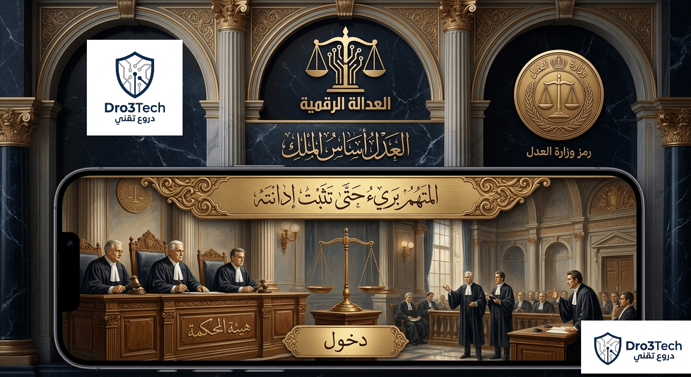 واجهة شاشة تطبيق "العدالة الرقمية" (Digital Justice) على هاتف iPhone داخل إطار محكمة فاخرة من الرخام الأسود والأعمدة الذهبية. تعرض الشاشة شعار "العدالة الرقمية" وميزان الكتروني، وعبارة "العدل أساس الملك" بالخط العربي الفاخر، ورمز وزارة العدل. داخل شاشة التطبيق، مشهد كلاسيكي لهيئة محكمة وقضاة ومحامين، مع عبارة "المتهم بريء حتى تثبت إدانته" في شريط العنوان، وزر ذهبي كبير مكتوب عليه "دخول" في الأسفل. الطراز الفني هو رسم توضيحي رقمي كلاسيكي.